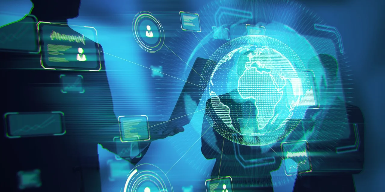 Blie visual of a digital globe and two people shaking hands